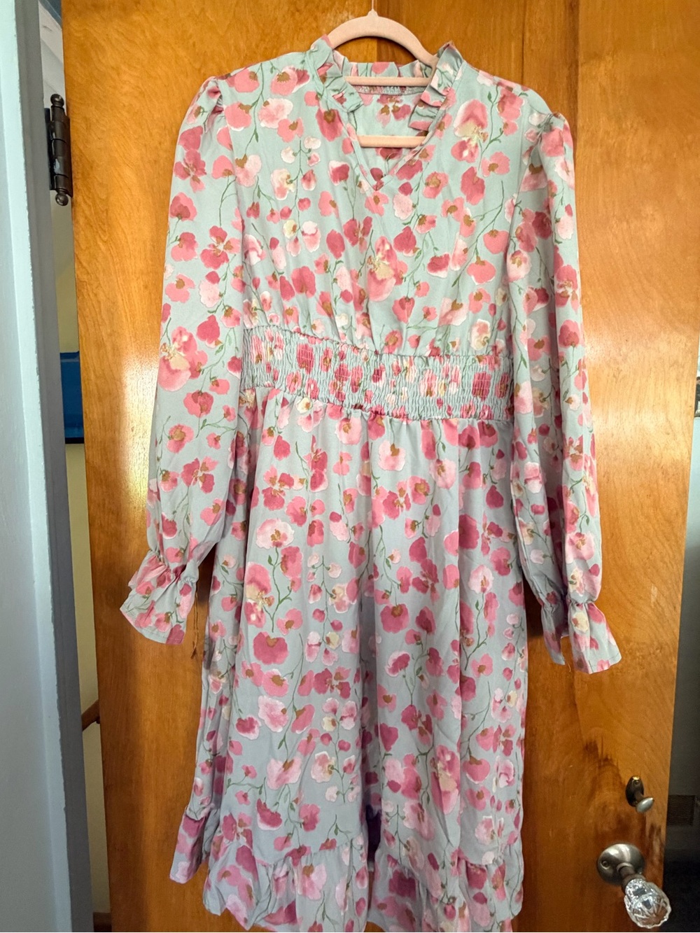 Floral Smocked Waist Casual Dress in grey blue and Pink